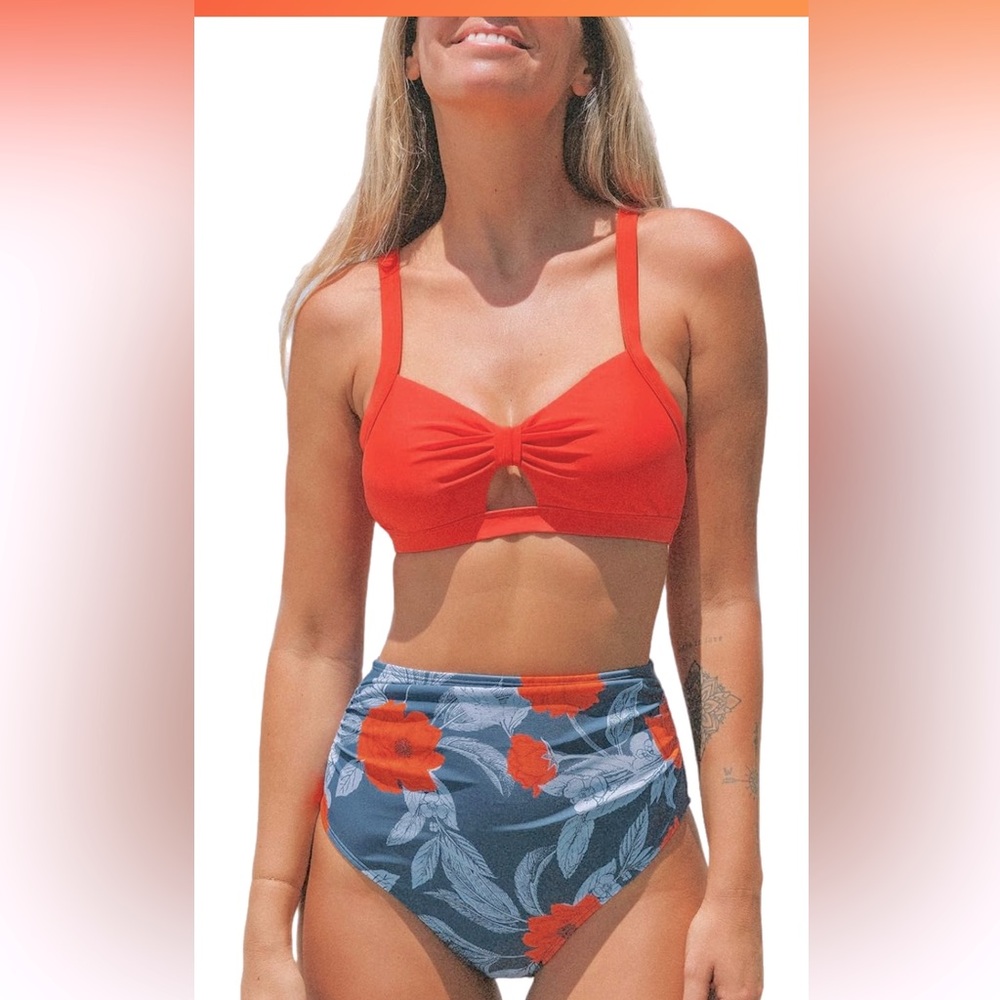 NWT CUPSHE Bikini High Waisted Cut Out Crisscross Back Tie Shirring Bottom, M